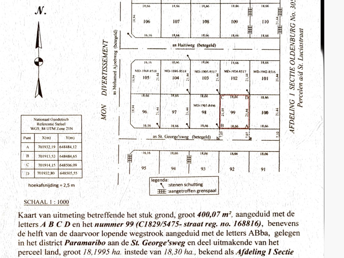 Eigendom, Fransje Gomesstraat, perceel nr 310, groot 871 m2. Zeer goed gelegen in het noorden van Paramaribo. Alle nutsvoorzieningen aanwezig. Verhard - Hoofdfoto