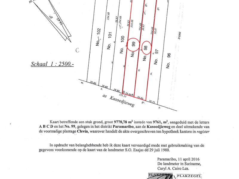 2 ha, (2x 1ha) Clevia (Noord), Kasoedjieweg. Frontbr 60m x 335m). Eigendom. Alle nutsvoorziening aanwezig