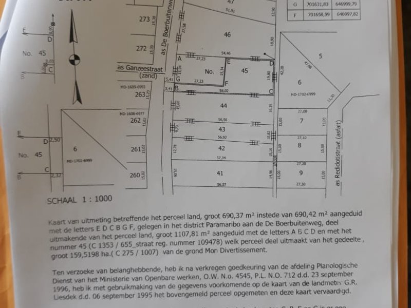 Eigendom, Papajafowroestraat, 750 m2, (25x30m) Noord, tegenover Clevia-markt. Stroom en water aanwezig